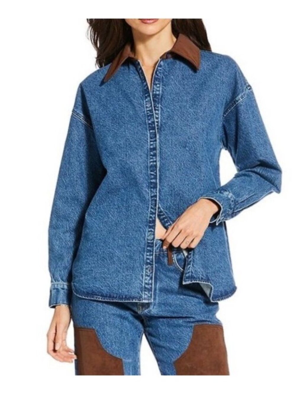 Gianni Bini x Sydney Silverman Size Large Woven Anya Denim Shirt Suede Collar